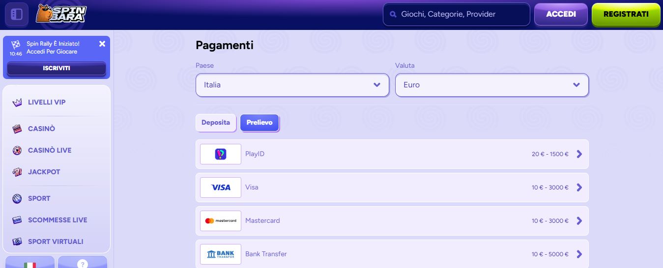 Effettua prelievi veloci con metodi di pagamento disponibili