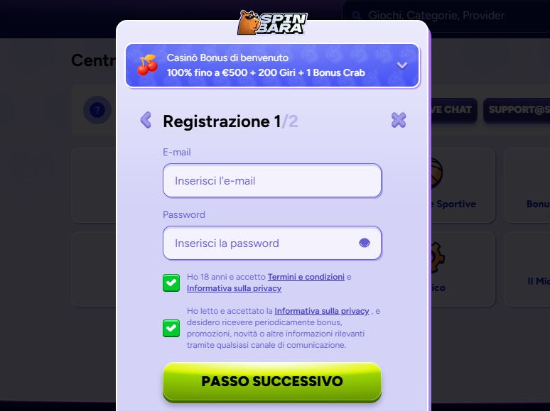 Crea account Spinbara inserendo email e password